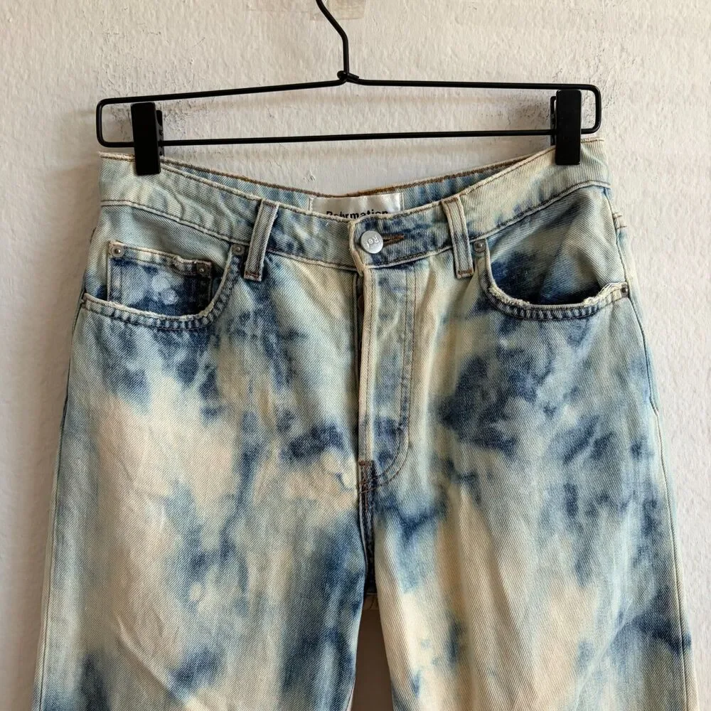 REFORMATION Tie-Dye Blue Cream Petite Wide Crop Raw Hem Denim Jeans Womens 27